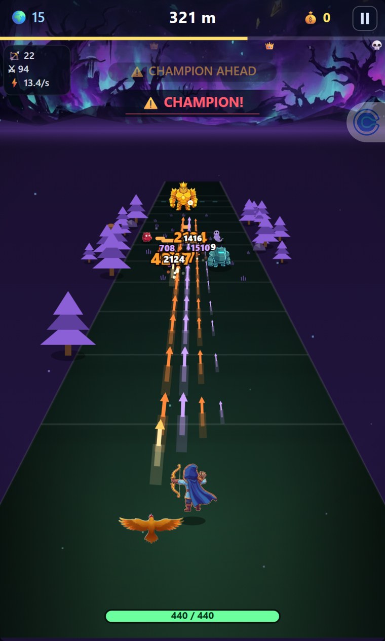Arrow Horde gameplay — the archer looses a fan of arrows through an aurora world